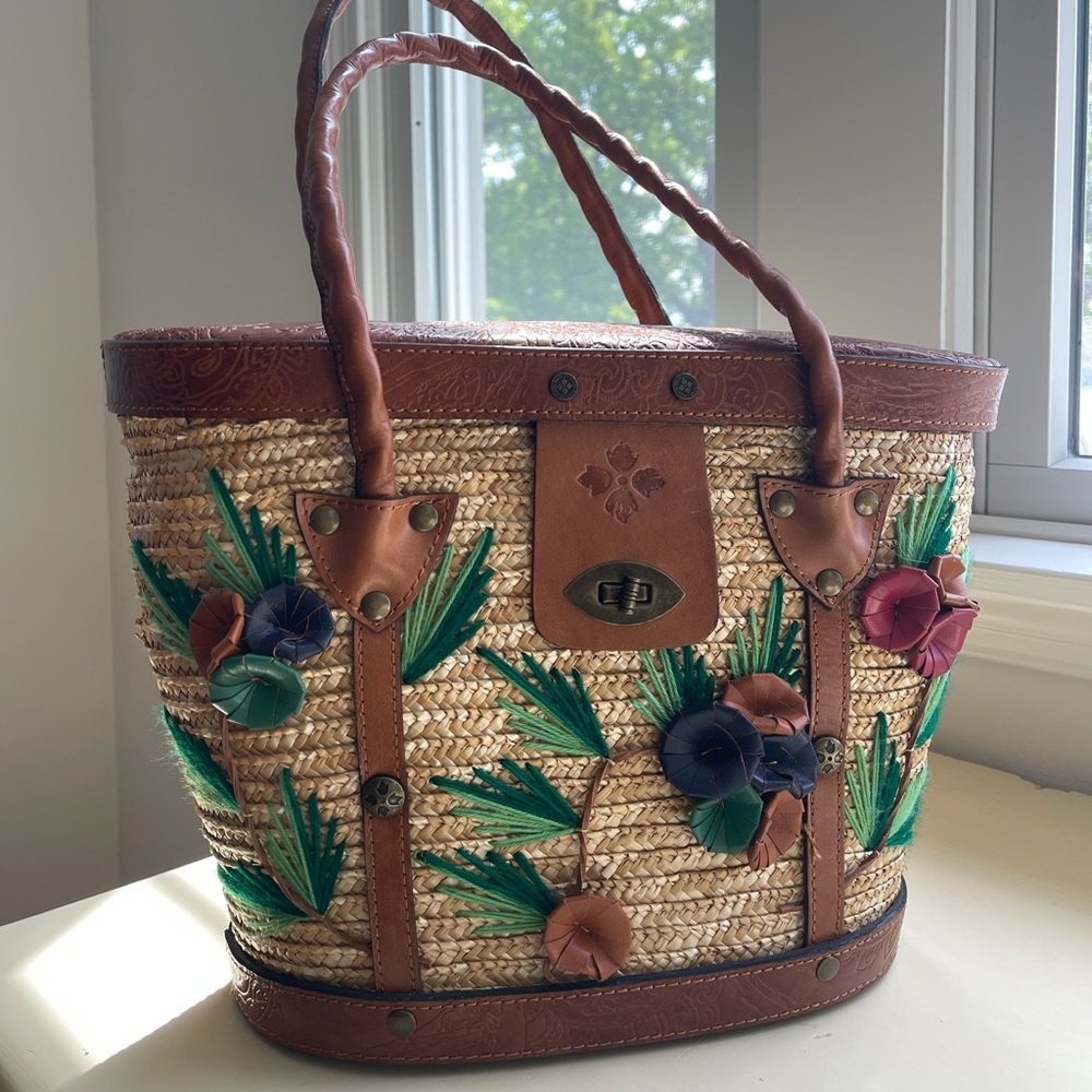 Patricia Nash Straw Tote with Brown Leather Trim and Multicolor Floral Accents - Picture 1 of 8